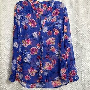 Kut From‎ The Kloth Jasmine Blue Floral Button Blouse Size Large